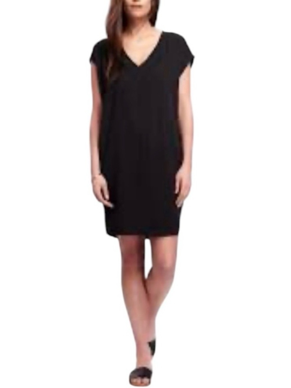 Old Navy Cocoon Linen V-Neck Cap Sleeve Shift Dress Black Large Minimalist NWT